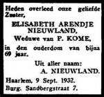 Nieuwland Elisabeth Arendje 1863-1932 Het Vaderland-11-09-1932 (2).jpg